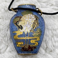 Vintage Cloisonne Urn Necklace Blue Crane Bird Enamel Pendant Chinese Export 26″