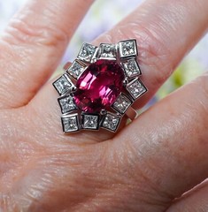 Vintage Tourmaline Square Diamond Cocktail Ring 18K White Gold Estate Giant