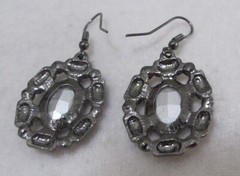 Vtg Large Grey Oval Rhinestone Gun Metal Pink Rhinestone Dangle Pierced Earrings