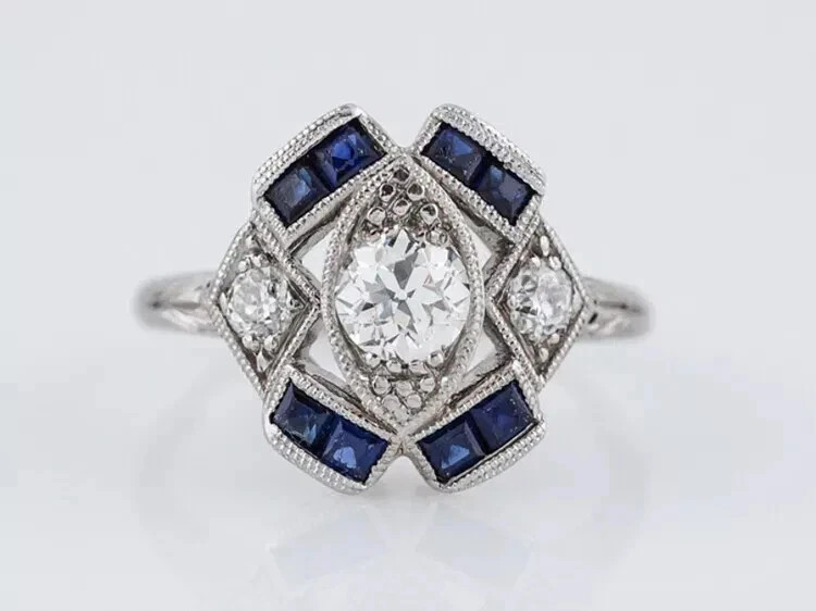 Art Deco Style Lab Created Diamond & Sapphire Wedding 14k White Gold Finish Ring