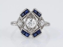 Art Deco Style Lab Created Diamond & Sapphire Wedding 14k White Gold Finish Ring