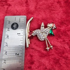 Vintage Skier Brooch Pin Gold Tone Rhinestone Encrusted Green Red Enamel Winter