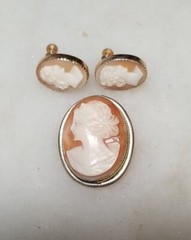 Vintage Shell Cameo Set Pin & Earrings Married Signed Coro