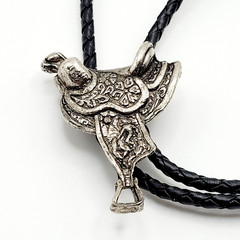 Horse Saddle Southwestern Western Cowboy Silver Tone Vintage Bolo Tie Necklace