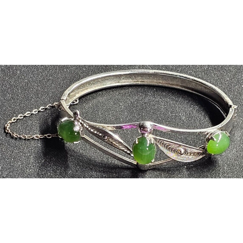 Sorrento Sterling Silver Green Gem Filigree Bangle Bracelet 925 Vintage 2.5in