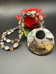 Vintage Mother Of Pearl & Abalone Coin Necklace With Large Shell Pendant