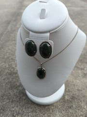 VINTAGE Sterling 925 Necklace Earrings Set Signed JJJ CHALCEDONY ? HEAVY A7