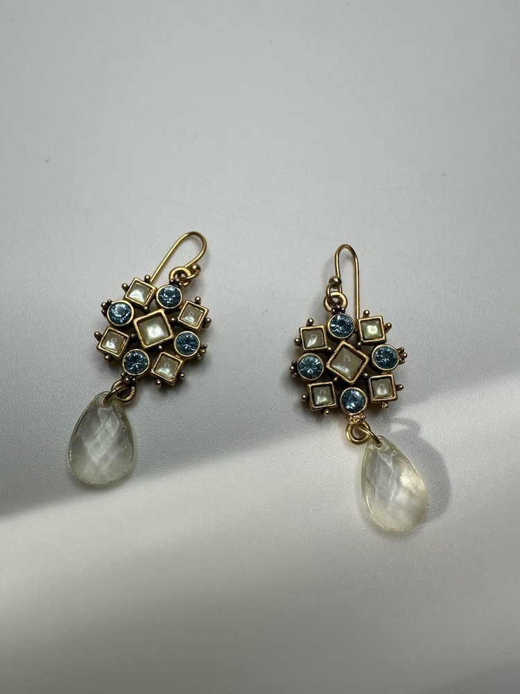 Vintage Gold Blue Rhinestone Dangle Earrings 4.5cm JB17