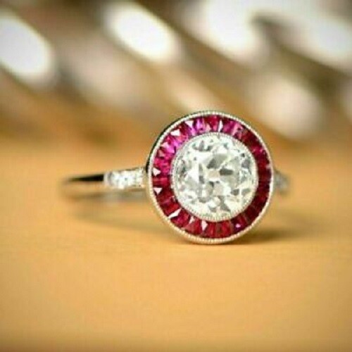Art Deco 2.18CT Lab-Created Diamond Halo Ruby Wedding 14K White Gold Filled Ring