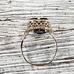 Antique Edwardian Belais 14K White Gold Onyx Diamond Ring 7 Filigree Luxury