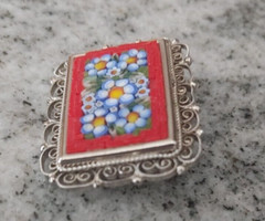 Vintage Italian Micro Mosaic brooch pin in red, blue, green, white and yellow