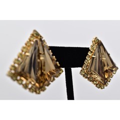 Vintage Crystal Clip On Earrings Pyramid Brown Gold Chunky Signed 1960s BinBF