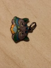 Rare Vintage 1970s Cloisonné Enamel Charm Double Sided Kitty Cat Gold Wash 0.5”