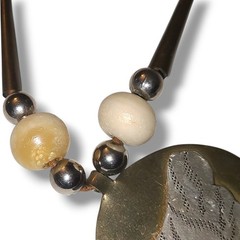 Vintage Artisan Modernist Pendant Necklace Leather Cord Brass Wood Beads