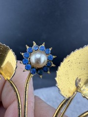 Vintage Faux Pearl Flower Brooch Blue Rhinestone Gold Tone READ
