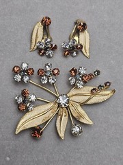 Vintage Austria Brooch Earrings Set Brown Clear Rhinestones Gold Tone Floral