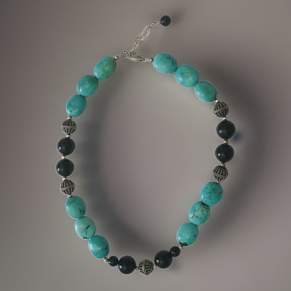 Vintage Turquoise Stone, Onyx & Silver Bead Necklace 925 on Clasp 17″ + Ext.