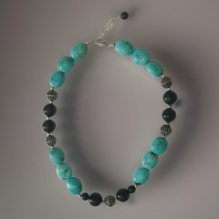 Vintage Turquoise Stone, Onyx & Silver Bead Necklace 925 on Clasp 17″ + Ext.