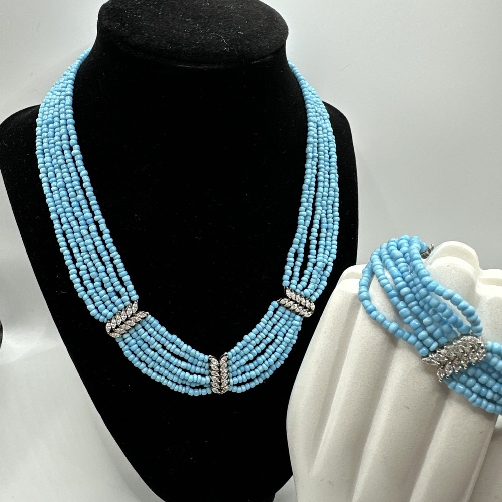 Ross-Simons Blue Bead w/Marquise 6-Strand 925 Silver Necklace 17 & Bracelet 7.25