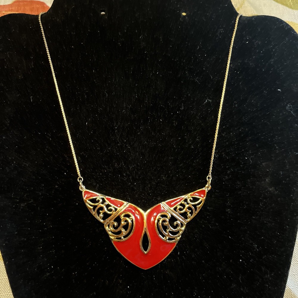 Vtg Modernist Red Enamel & Gold-Tone Collar Necklace 18”career