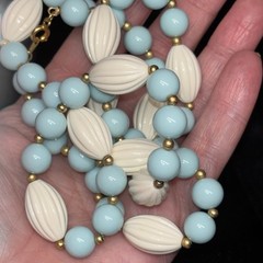 Vintage Bead Necklace Pastel Blue White Rib Textured Lucite Brass Spacer 28”