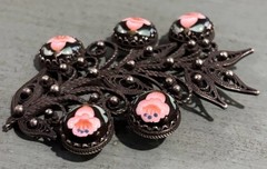 Vintage Russian Rostov Finift Filigree Hand-Painted Porcelain Cabochons Brooch