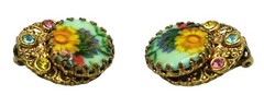 West Germany Rhinestone Earrings Floral Cabochon Signed Costume Jewelry Vintage