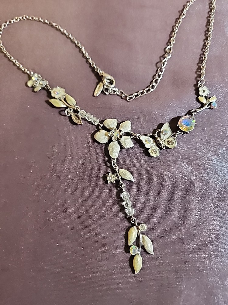 Vintage VCLM Set Necklace Deco Y-Drop Cream White Crystals Art Nouveau Revival
