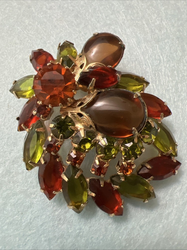 Juliana Rhinestone & Glass Cabochon Autumn Tones Brooch – Almost 2.5” Long