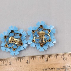 Vintage Blue Flower Brooch and Clip on Earring Set Rhinestone Plastic