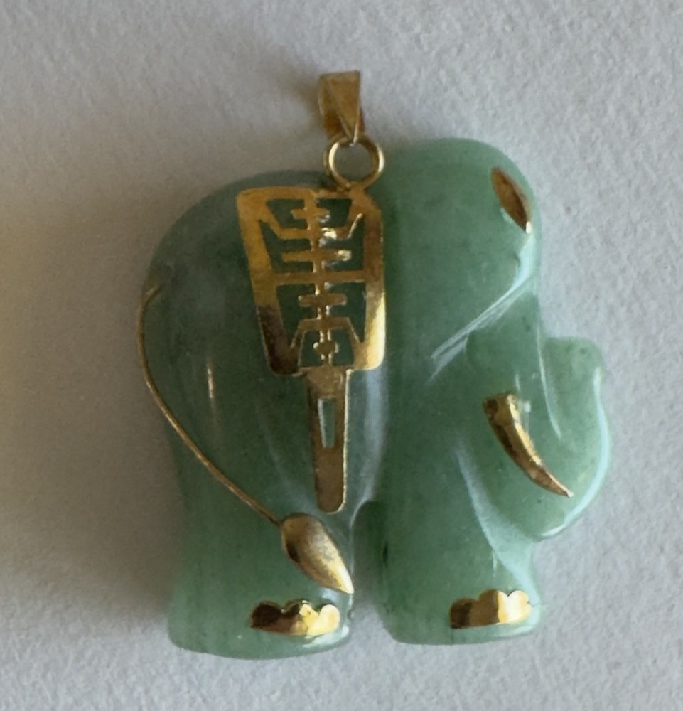 Vintage Jade Elephant Pendent Gold Tone TRIM Estate Charm Good Luck