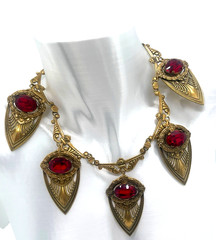 RARE Joseff of Hollywood Art Deco Red Oval Stone Inset Dangle Necklace