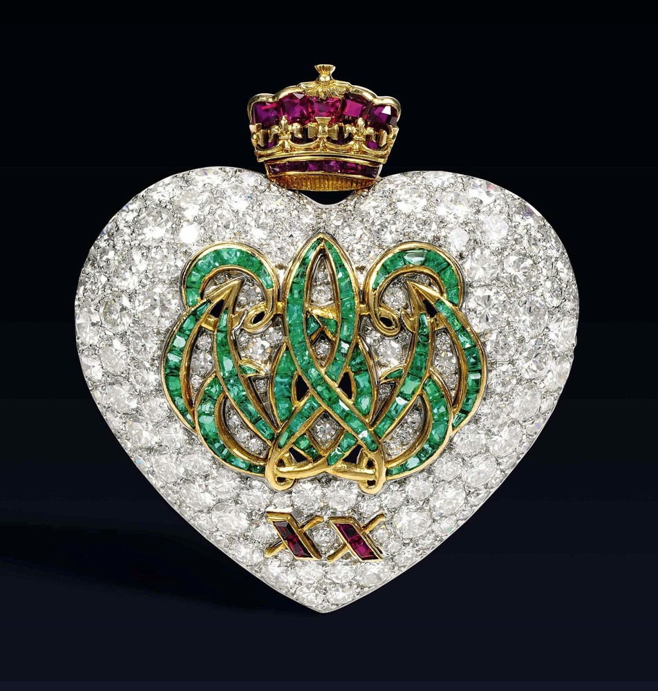 Lab Emerald & Ruby Crown Heart Brooch 925 Silver Vintage Style Replica Jewelry