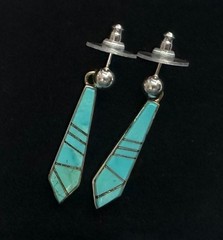 Calvin Begay Turquoise Inlay Dangle Earrings Native American Sterling Silver #8