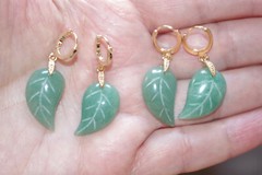 Vintage Genuine 14K GF Green Jadeite Jade Carved Leaf Hoop Earrings
