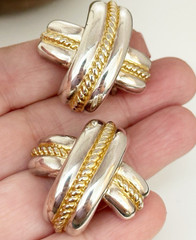Vintage 1990’s Silver And Gold Tone X Shaped Modern Clip Earrings Chunky