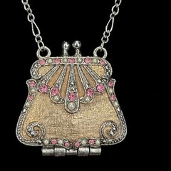 Vintage VCLM Enamel and Rhinestone Handbag Purse Locket Chain Necklace