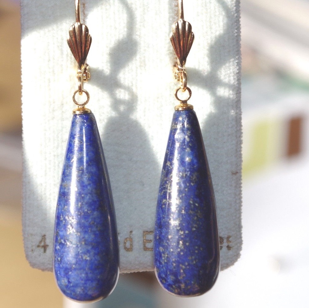 Quality 14K GF 45mm Large Laois Lazuli Tear drop Lever back Earrings