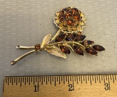 Vintage Signed Weiss Rhinestone Topaz Amber Rhinestone Flower Brooch Leaf Spray