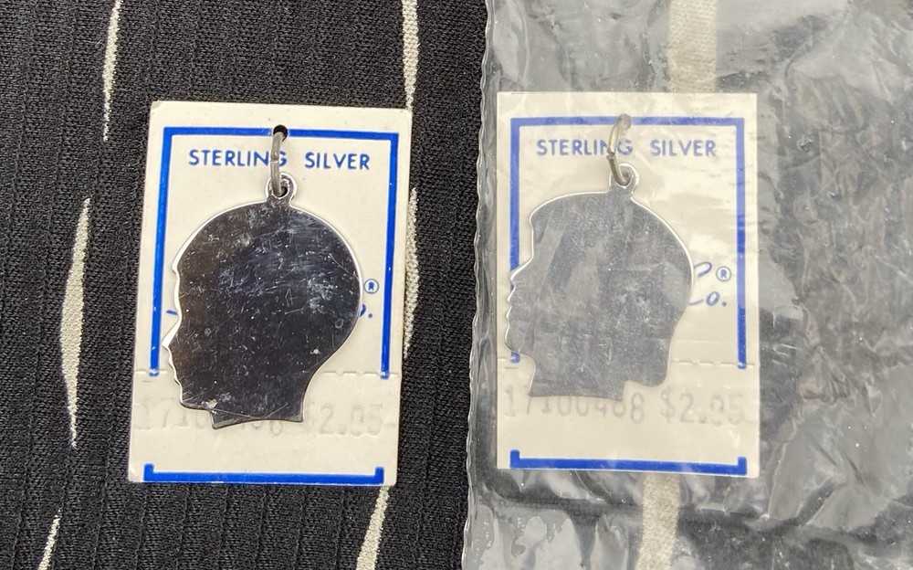 VTG Sterling Silver Silhouette Girl & Boy Head Charms NOS Unused on Card Spencer