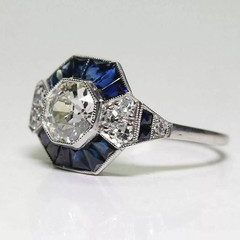 Art Deco Round Lab Created Diamond & Sapphire Wedding 14K White Gold Finish Ring
