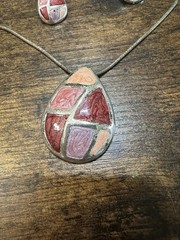 KC Signed Mosaic Teardrop Necklace & Earrings Set Pink Red Enamel