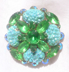Vintage Aqua Lava Glass Green and AB Rhinestone Flower Brooch