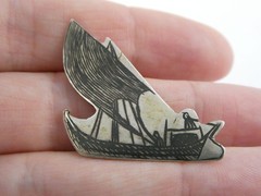Antique Niello Sterling Silver Boat Brooch Pin 4.1g 1 Inch Length Regatta