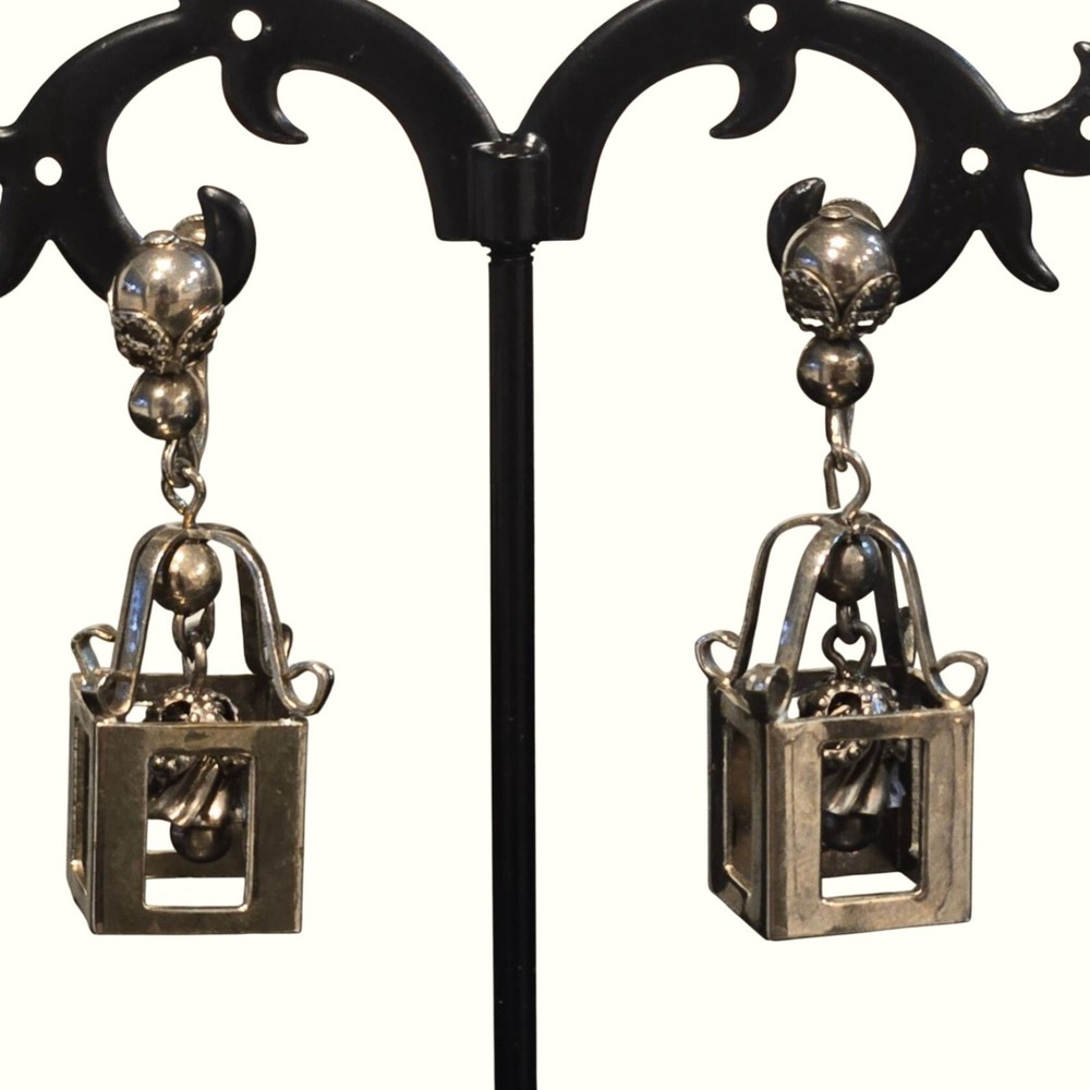 Vintage Silver Tone Lantern Cage Dangle Screw Back Earrings Bell Charm Figural