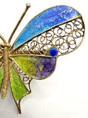 Antique 800 Silver Filigree Enamel Butterfly Brooch Blue Green Purple Pin
