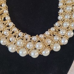 Vtg NY Company Faux Pearl Gold Tone Chain Collar Necklace Weave Triple Strand