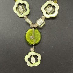 Glass Necklace Green White Beads Wire Wrap Acrylic Flower Y Drop Pendant Boho 18