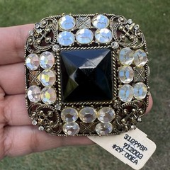 VTG Brooch Pin 2 Inch Black Glass Cab Clear Rhinestones Gold Tone Filigree NWT
