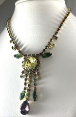 Vintage Weiss? Stunning Runway Necklace Gorgeous Colors Large Rhinestones Dangle